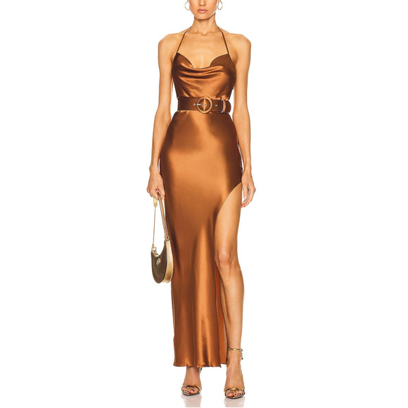 NICHOLAS Dresses & Skirts - Nicholas 'Lucinda' Brown Halter Cowl Neck Gown Size 4